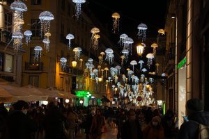Christmas light display of jellyfish in Lisbon, Portugal
